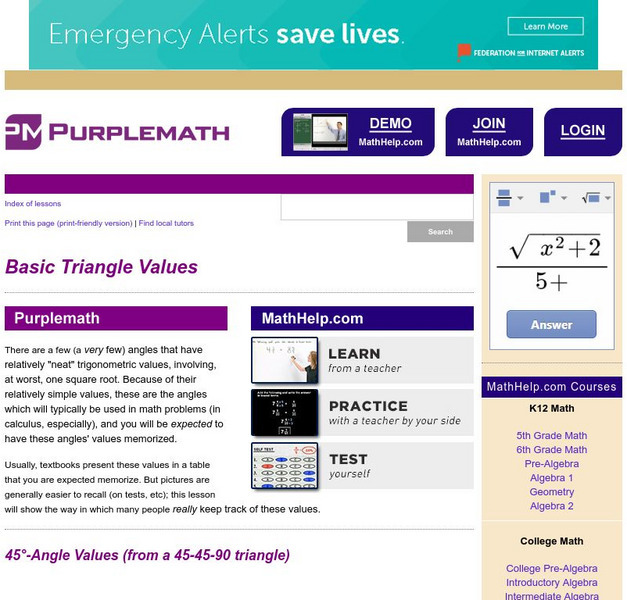 Purplemath: Basic Triangle Values Unit Plan Purplemath: Basic Triangle Values Unit Plan