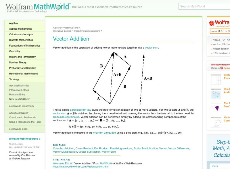 Wolfram Math World: Math World: Vector Addition Handout Wolfram Math World: Math World: Vector Addition Handout