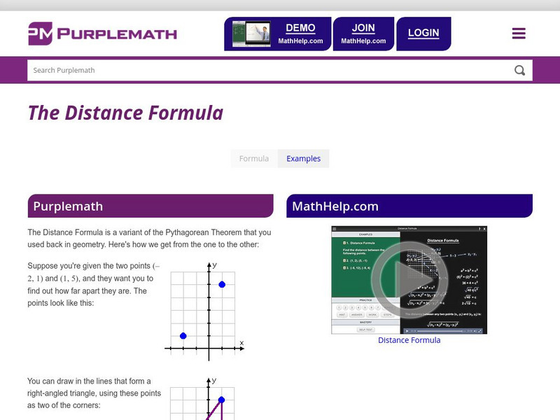 Purplemath: Distance Formula Handout Purplemath: Distance Formula Handout