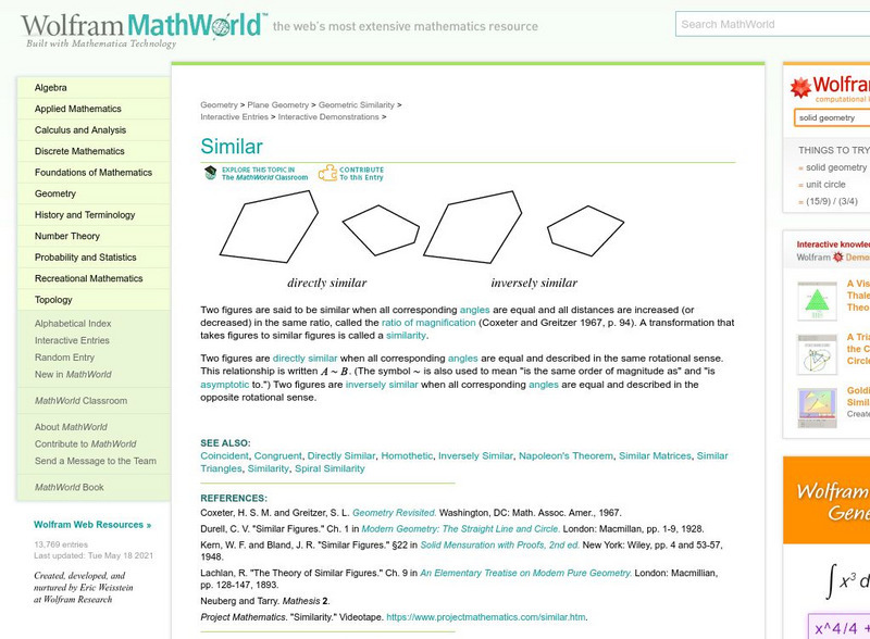 Wolfram Math World: Math World: Geometric Similarity: Similar Handout Wolfram Math World: Math World: Geometric Similarity: Similar Handout