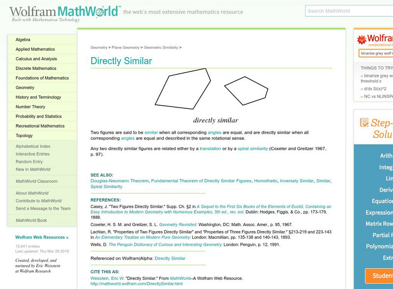 Wolfram Math World: Geometric and Direct Similarity Handout Wolfram Math World: Geometric and Direct Similarity Handout