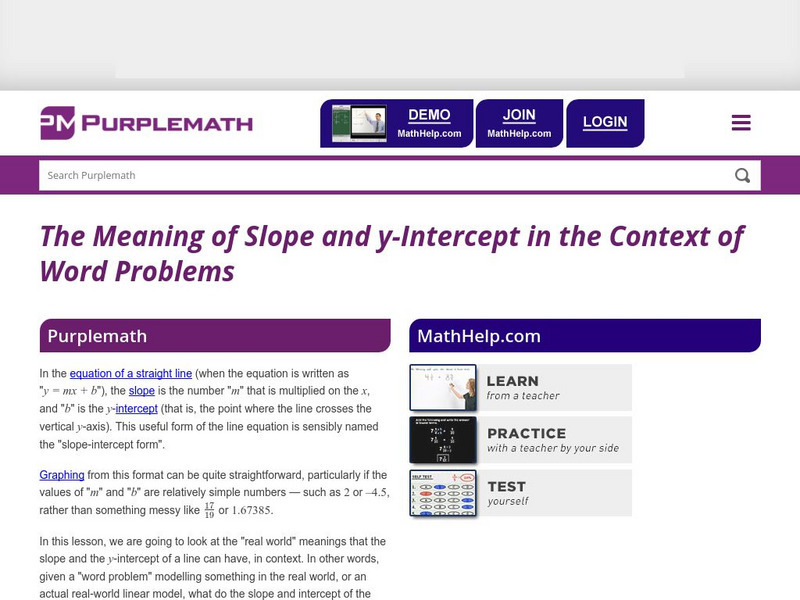 Purplemath: The Meaning of Slope and Y Intercept in Context of Word Problems Handout Purplemath: The Meaning of Slope and Y Intercept in Context of Word Problems Handout