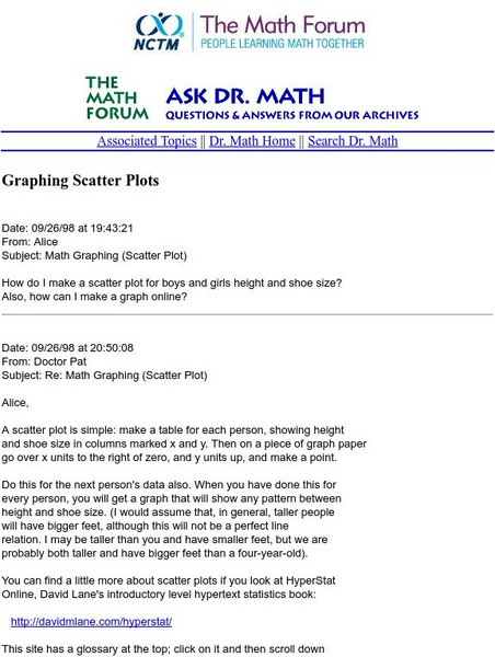The Math Forum: Nctm: Ask Dr. Math: Graphing Scatter Plots Handout The Math Forum: Nctm: Ask Dr. Math: Graphing Scatter Plots Handout