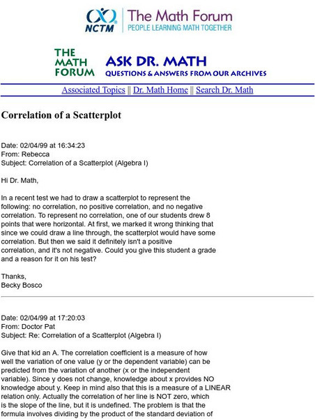 The Math Forum: Nctm: Ask Dr. Math: Correlation of a Scatterplot Handout The Math Forum: Nctm: Ask Dr. Math: Correlation of a Scatterplot Handout