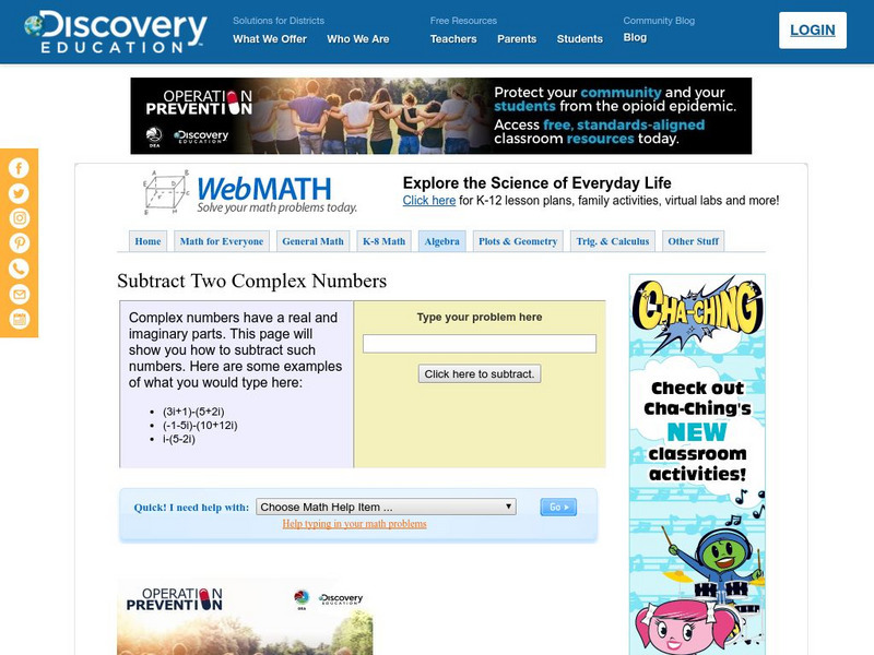 Discovery Education: Web Math: Subtracting Complex Numbers Activity Discovery Education: Web Math: Subtracting Complex Numbers Activity