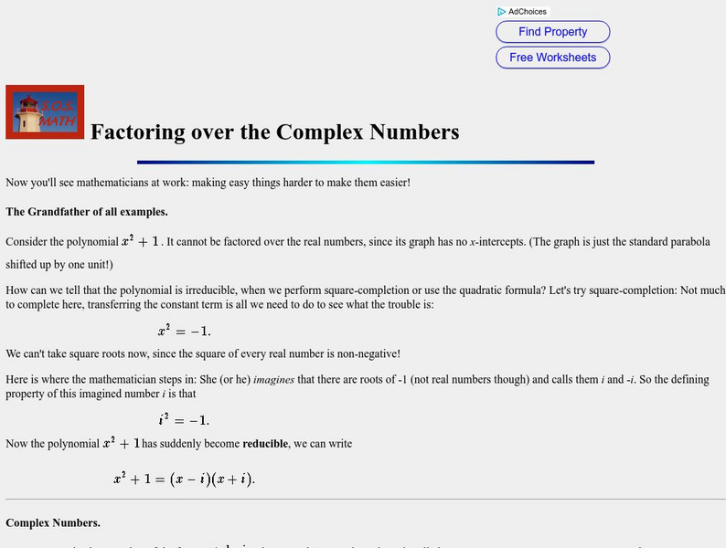 S.o.s. Math: Factoring Over the Complex Numbers Handout S.o.s. Math: Factoring Over the Complex Numbers Handout