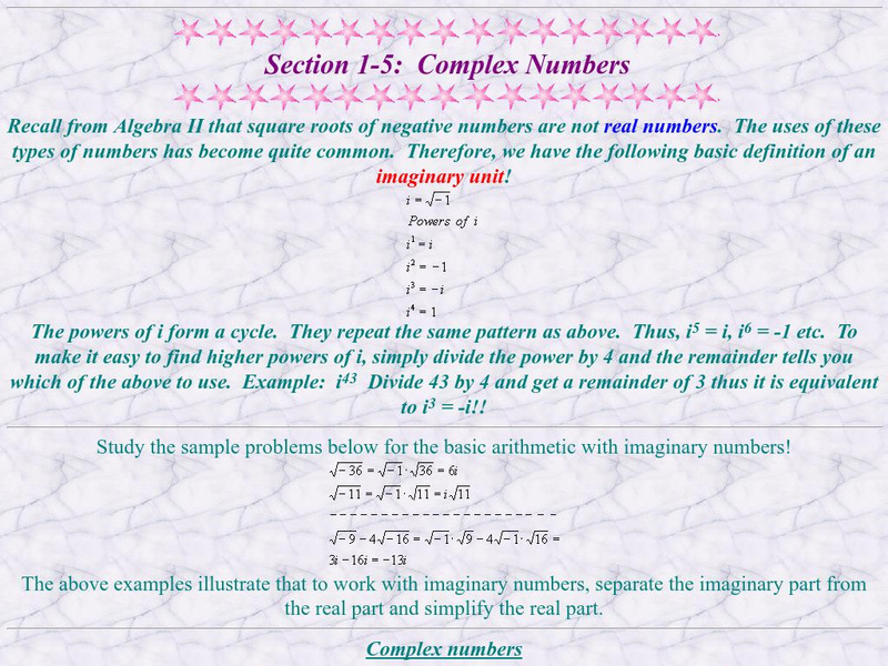 Ojk's Precalculus Study Page: Complex Numbers Handout Ojk's Precalculus Study Page: Complex Numbers Handout