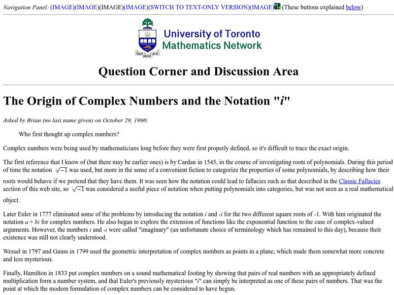 The Origin of Complex Numbers and the Notation "I" Handout The Origin of Complex Numbers and the Notation "I" Handout