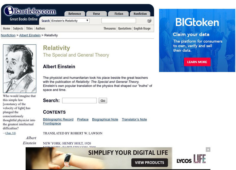 Bartleby.com: Einstein "Relativity: The Special and General Theory" Website Bartleby.com: Einstein "Relativity: The Special and General Theory" Website