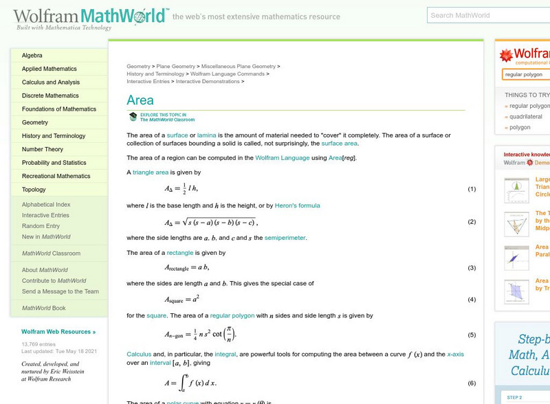 Wolfram Math World: Area Handout Wolfram Math World: Area Handout