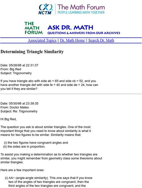 The Math Forum: Ask Dr. Math: Determining Triangle Similarity Handout The Math Forum: Ask Dr. Math: Determining Triangle Similarity Handout