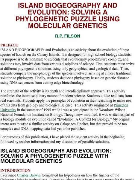 Ucmp: Island Biogeography and Evolution Activity Ucmp: Island Biogeography and Evolution Activity
