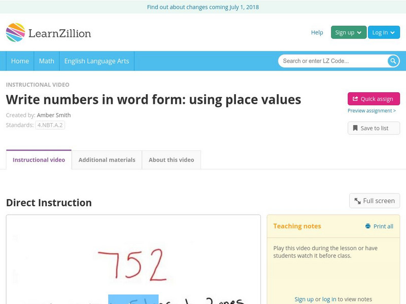 Learn Zillion: Write Numbers in Word Form: Using Place Values Instructional Video Learn Zillion: Write Numbers in Word Form: Using Place Values Instructional Video