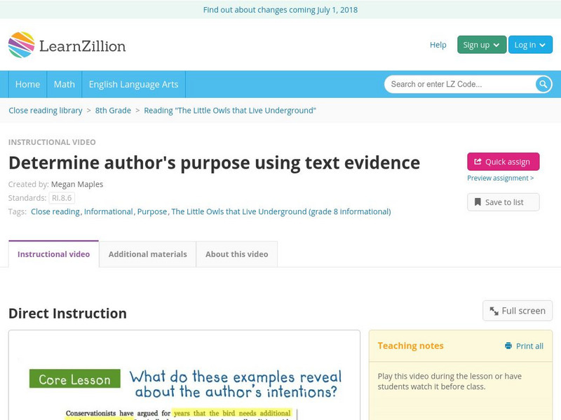 Learn Zillion: Determine Author's Purpose Using Text Evidence Instructional Video Learn Zillion: Determine Author's Purpose Using Text Evidence Instructional Video