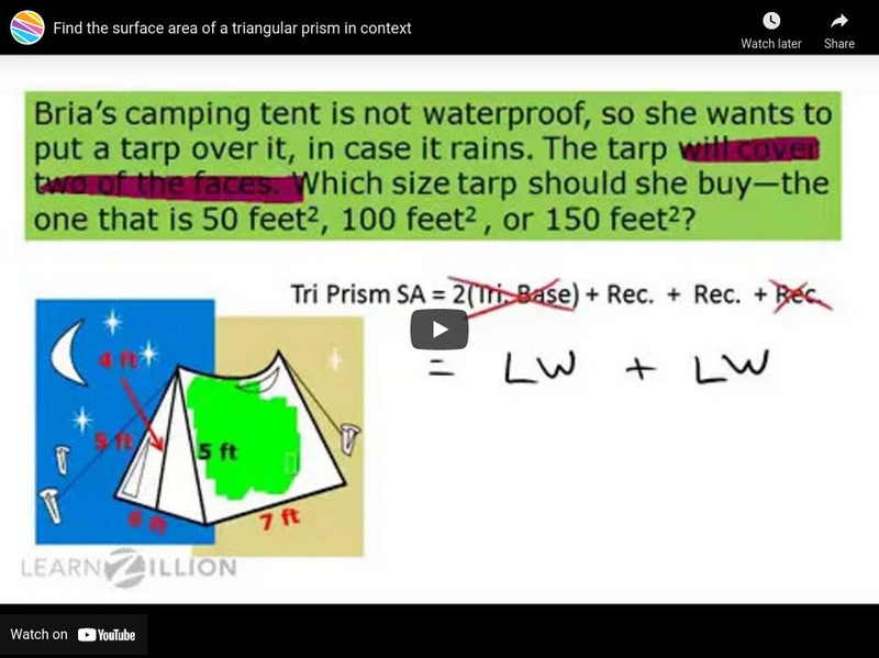 Learn Zillion: Find the Surface Area of a Triangular Prism in Context Instructional Video