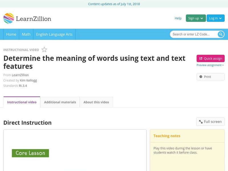 Learn Zillion: Determine the Meaning of Words Using Text and Text Features Instructional Video