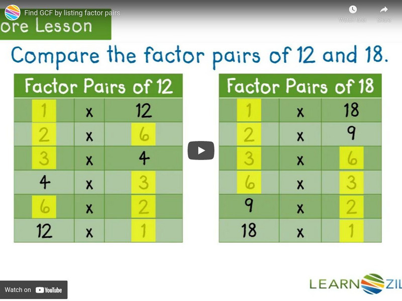 Learn Zillion: Find Gcf by Listing Factor Pairs Instructional Video