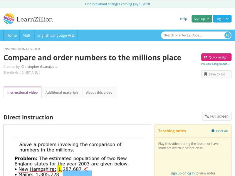 Learn Zillion: Compare and Order Numbers to the Millions Place Instructional Video Learn Zillion: Compare and Order Numbers to the Millions Place Instructional Video