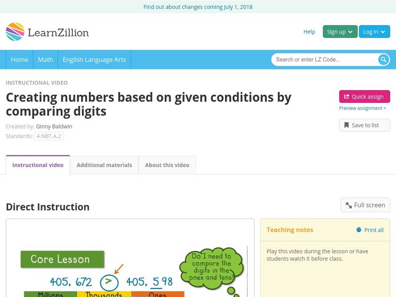 Learn Zillion: Creating Numbers Based on Given Conditions by Comparing Digits Instructional Video