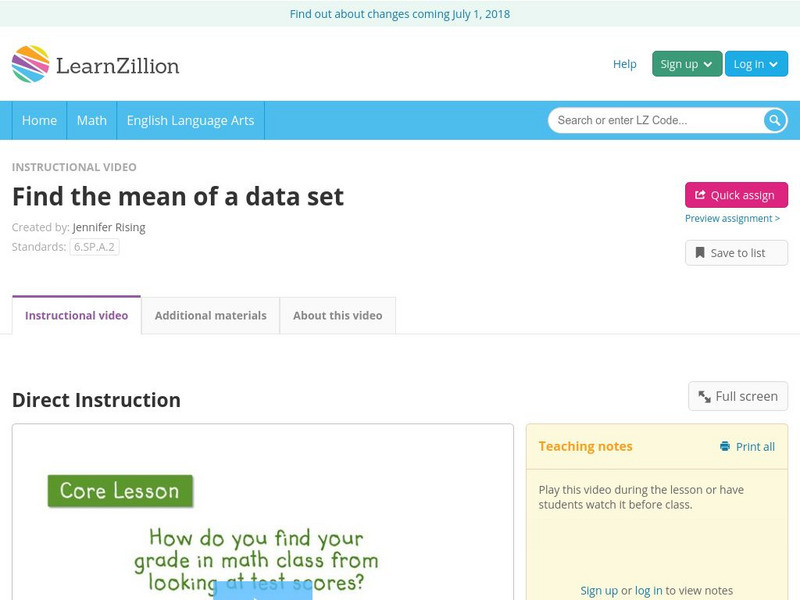 Learn Zillion: Find the Mean of a Data Set Instructional Video