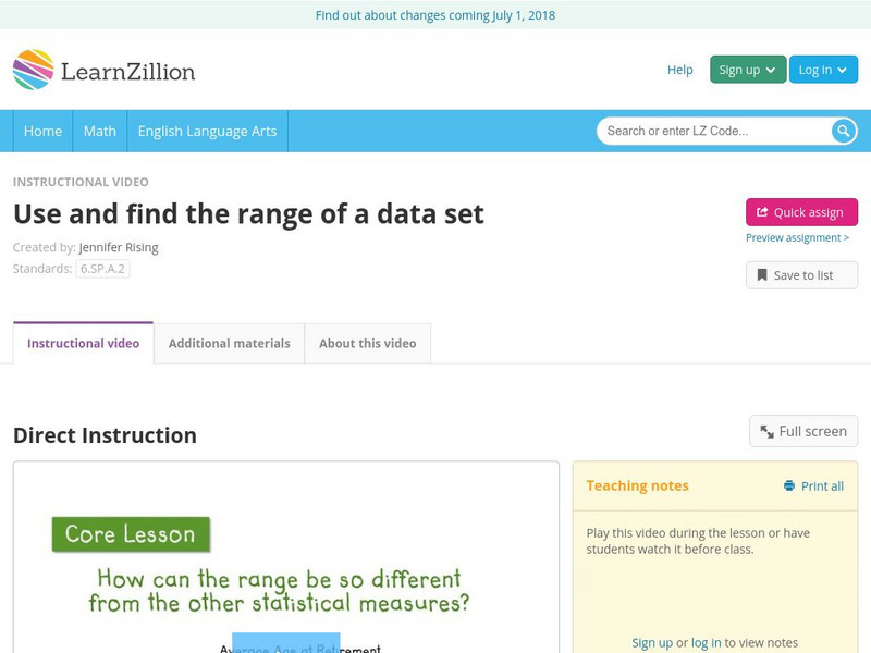 Learn Zillion: Use and Find the Range of a Data Set Instructional Video Learn Zillion: Use and Find the Range of a Data Set Instructional Video