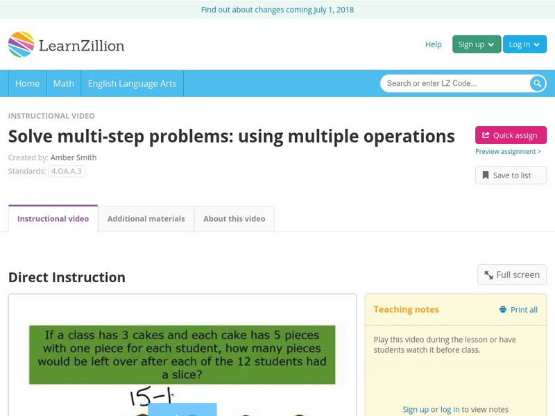 Learn Zillion: Solve Multi Step Problems: Using Multiple Operations Instructional Video