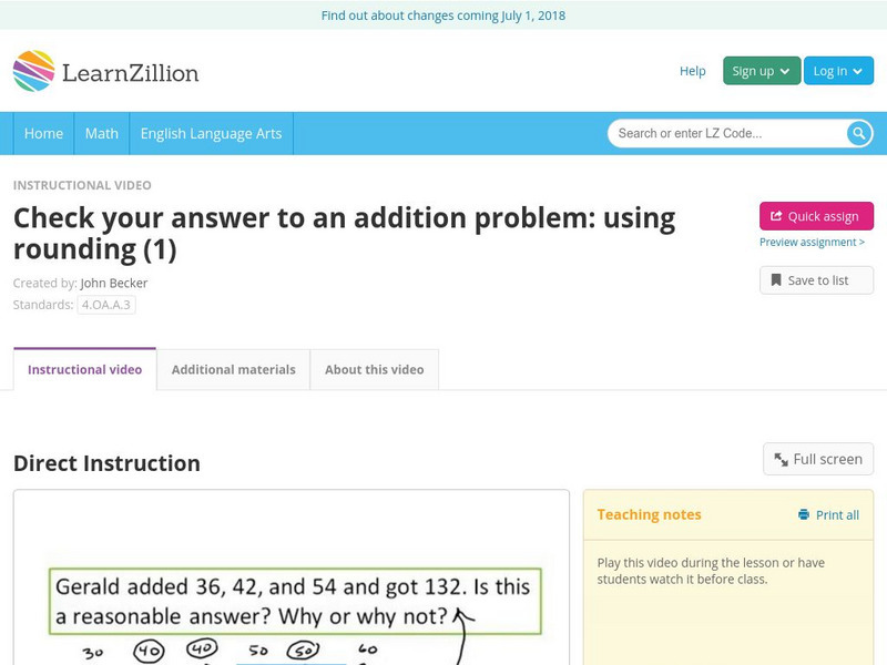 Learn Zillion: Check Your Answer to an Addition Problem: Using Rounding (1) Instructional Video