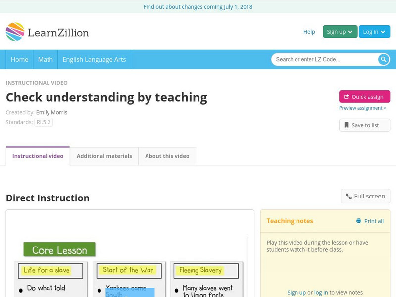Learn Zillion: Check Understanding by Teaching Instructional Video Learn Zillion: Check Understanding by Teaching Instructional Video