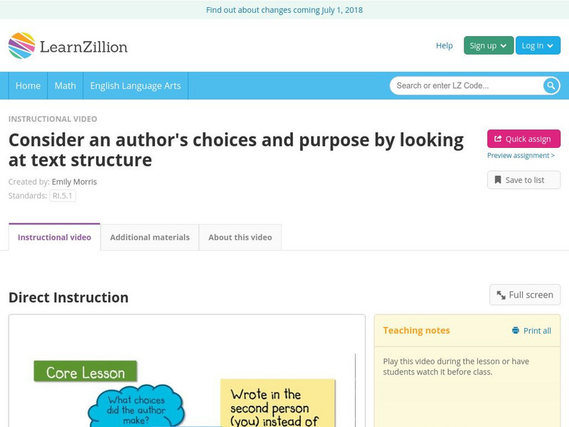 Learn Zillion: Consider an Author's Choices and Purpose Using Text Structure Instructional Video