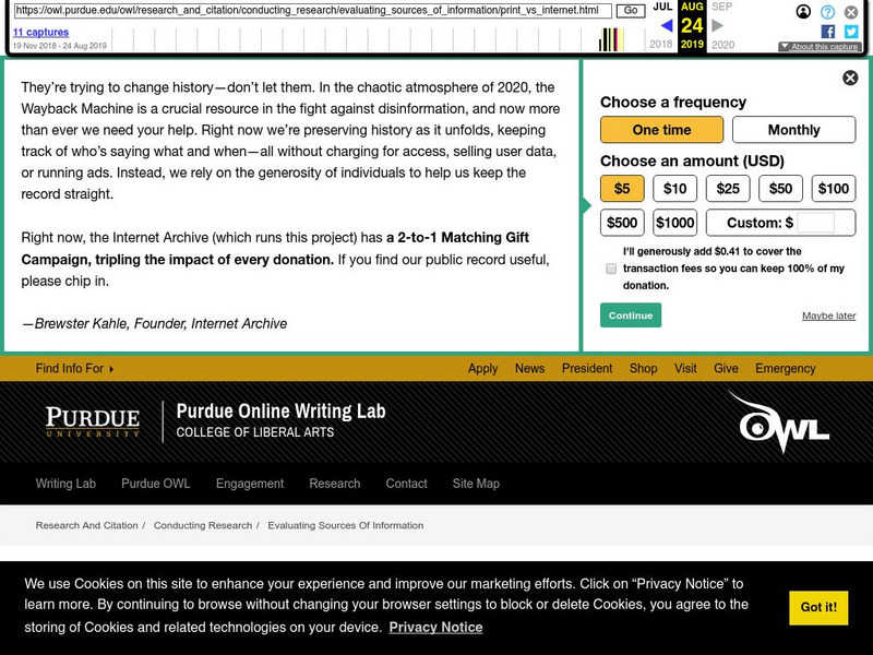 Purdue University Owl: Evaluating Print vs. Internet Sources Handout Purdue University Owl: Evaluating Print vs. Internet Sources Handout
