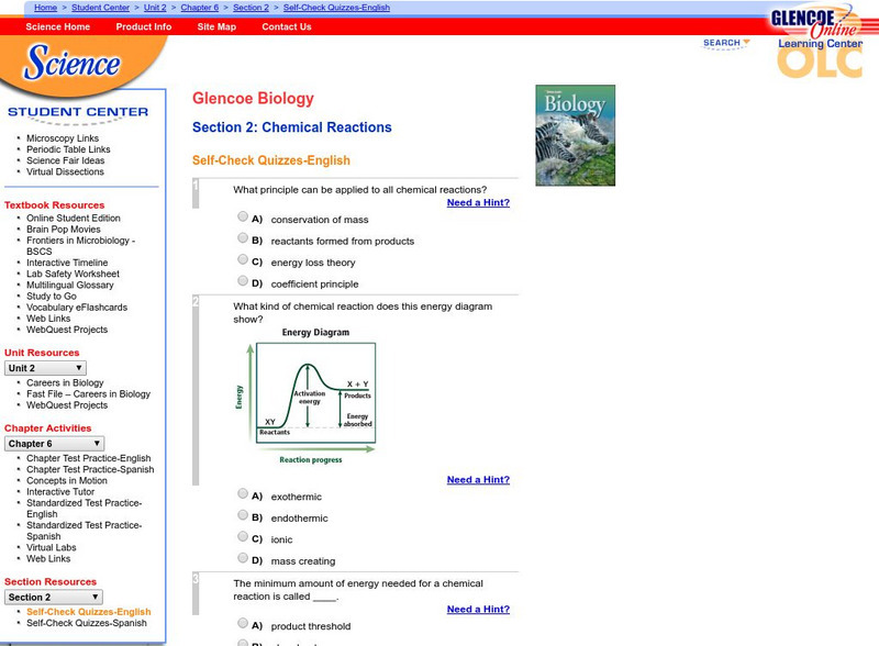 Glencoe Biology: Chemical Reactions: Self Check Quiz Unknown Type Glencoe Biology: Chemical Reactions: Self Check Quiz Unknown Type