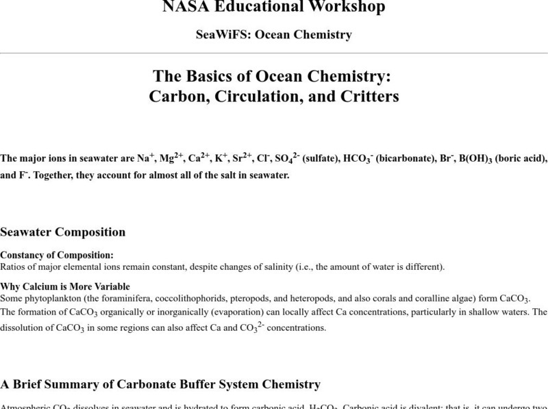 Nasa: The Basics of Ocean Chemistry: Carbon, Circulation, and Critters Handout Nasa: The Basics of Ocean Chemistry: Carbon, Circulation, and Critters Handout