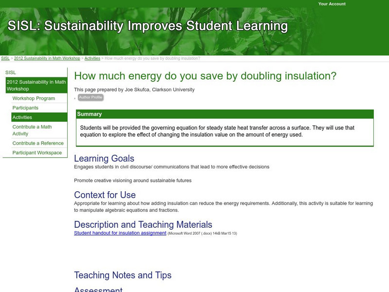 Serc: How Much Energy Do You Save by Doubling Insulation? Lesson Plan