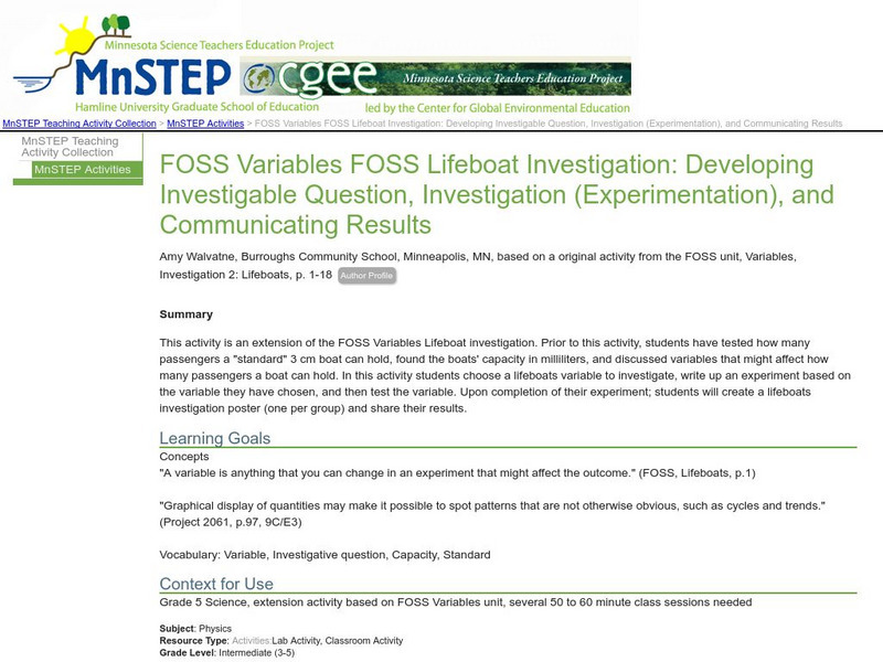 Serc: Foss Lifeboat Investigation Lesson Plan Serc: Foss Lifeboat Investigation Lesson Plan