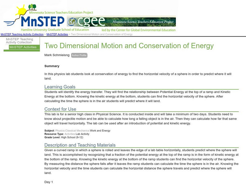 Serc: Two Dimensional Motion and Conservation of Energy Lesson Plan Serc: Two Dimensional Motion and Conservation of Energy Lesson Plan