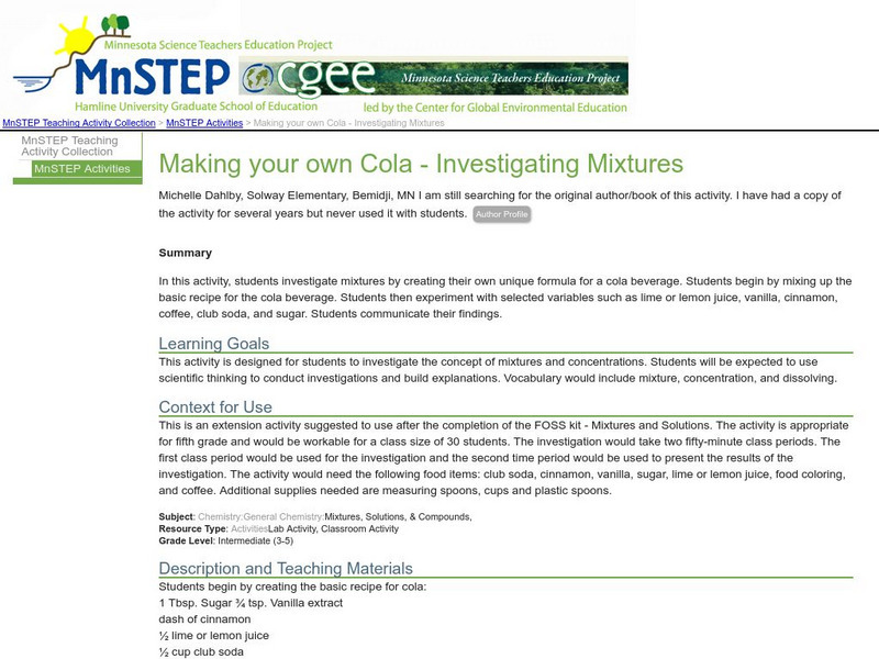 Serc: Making Your Own Cola: Investigating Mixtures Lesson Plan Serc: Making Your Own Cola: Investigating Mixtures Lesson Plan