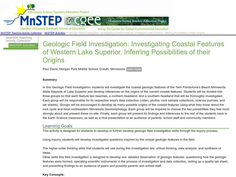 Serc: Geologic Field Study: Investigating Coastal Features of Lake Superior Lesson Plan Serc: Geologic Field Study: Investigating Coastal Features of Lake Superior Lesson Plan