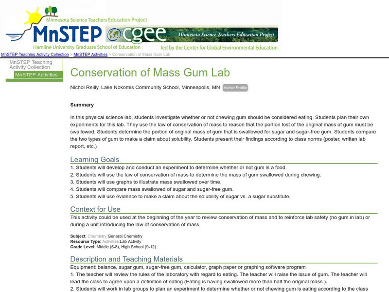 Serc: Conservation of Mass Gum Lab Lesson Plan Serc: Conservation of Mass Gum Lab Lesson Plan