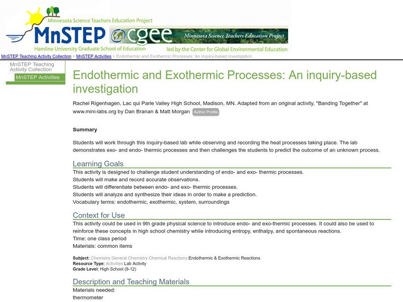 Serc: Endothermic and Exothermic Processes: An Inquiry Based Investigation Lesson Plan Serc: Endothermic and Exothermic Processes: An Inquiry Based Investigation Lesson Plan