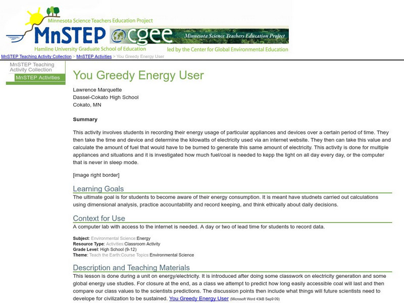 Serc: Mn Step: You Greedy Energy User Lesson Plan