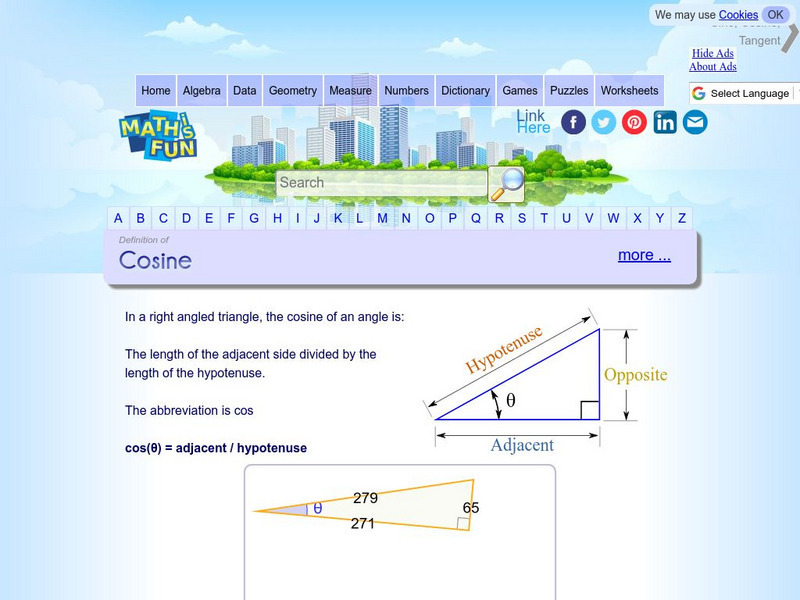 Math Is Fun: Definition of Cosine Interactive Math Is Fun: Definition of Cosine Interactive