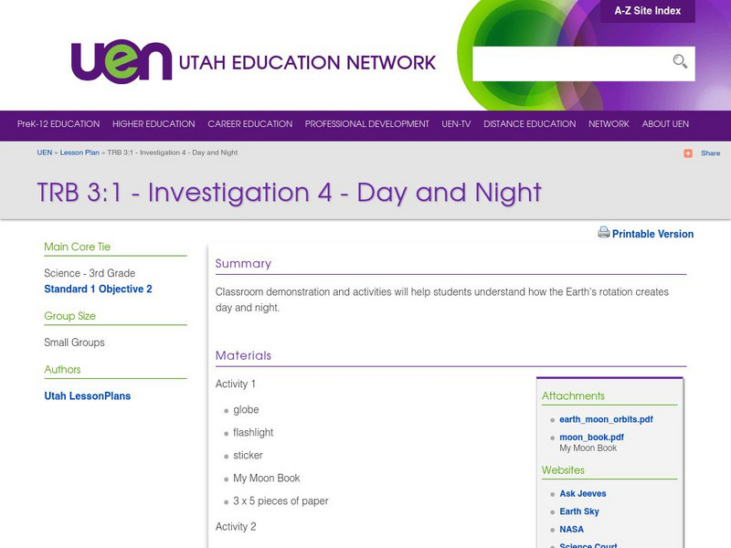 Uen: Trb 3:1: Investigation 4: Day and Night Lesson Plan Uen: Trb 3:1: Investigation 4: Day and Night Lesson Plan