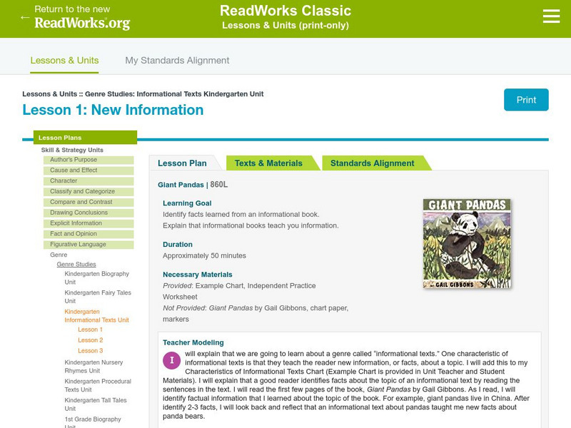 Read Works:genre Studies: Informational Texts Kindergarten Unit: New Information Lesson Plan Read Works:genre Studies: Informational Texts Kindergarten Unit: New Information Lesson Plan