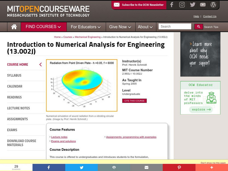 Mit: Open Course Ware: Introduction to Numerical Analysis for Engineering Online Course