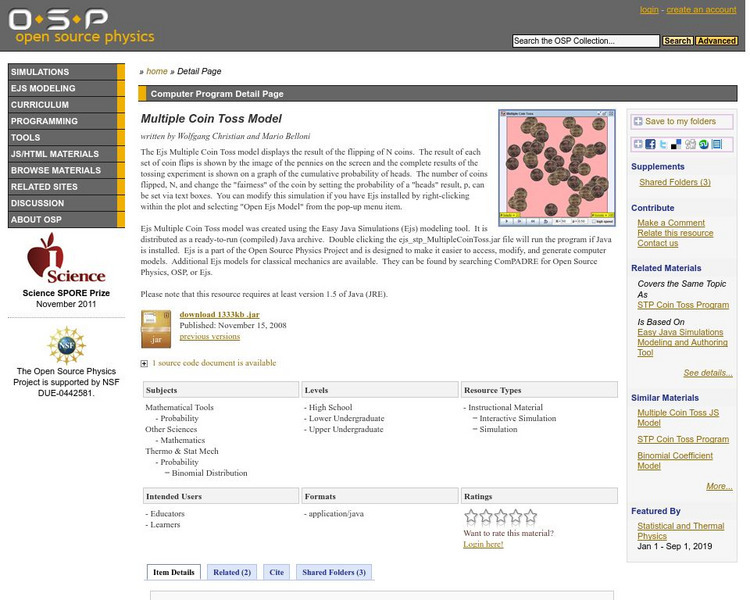 Com Padre Digital Library: Open Source Physics: Multiple Coin Toss Model Activity Com Padre Digital Library: Open Source Physics: Multiple Coin Toss Model Activity