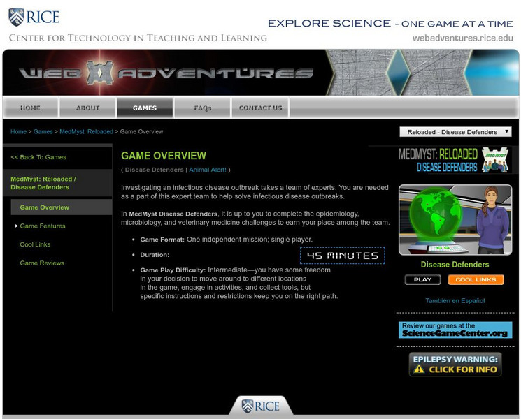 Rice University: Web Adventures: Med Myst: Reloaded: Disease Defenders Interactive Rice University: Web Adventures: Med Myst: Reloaded: Disease Defenders Interactive
