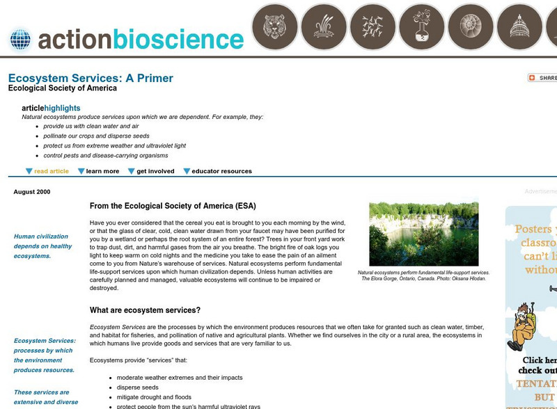 Action Bioscience: Ecosystem Services: A Primer Article Action Bioscience: Ecosystem Services: A Primer Article