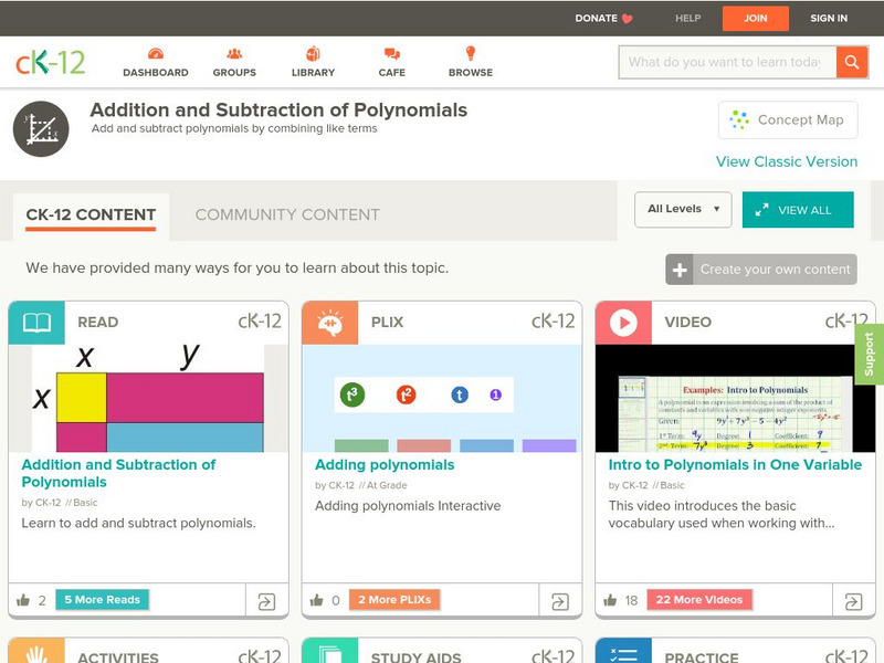 Ck 12: Algebra: Addition of Polynomials Unit Plan