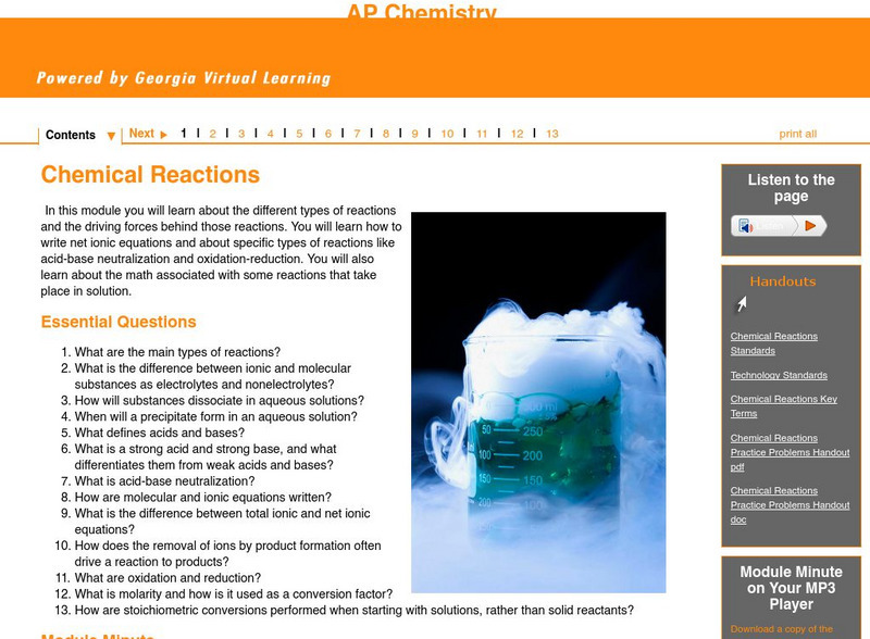 Ga Virtual Learning: Ap Chemistry: Chemical Reactions Unit Plan Ga Virtual Learning: Ap Chemistry: Chemical Reactions Unit Plan