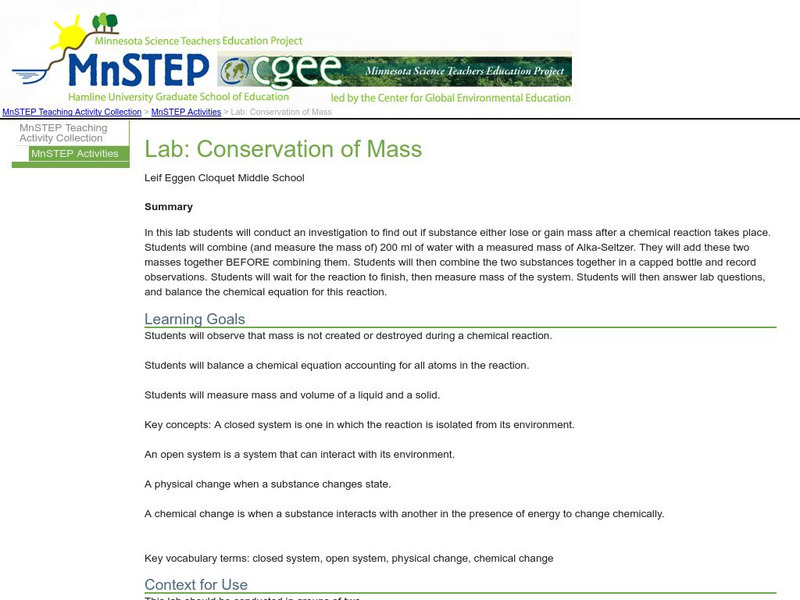 Serc: Lab: Conservation of Mass Activity Serc: Lab: Conservation of Mass Activity